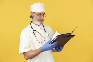 A doctor wearing a stethoscope and reviewing printed documents.