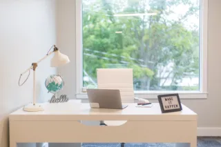 A computer workspace in a home office