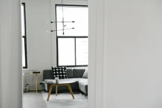 A bright living room with tall windows