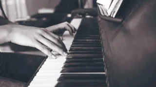 Hands at the keyboard of a piano, illustrating a household musical instrument.